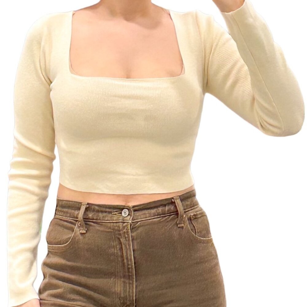 Le Lis Lace-Up Back Square Neck Cropped Knit Sweater Top in Cream Yellow Size M